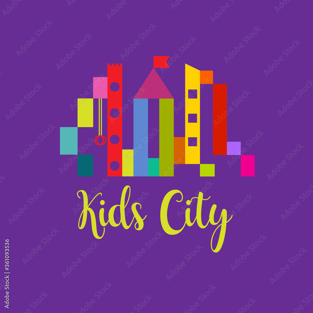 Kids zone, kids city, playground abstract logo. Colorful sign, symbol, icon, template logo kindergarten, kids sport club, sports complexes and equipment for kids room and playgrounds. Vector image. Kids zone, kids city, playground abstract logo. Colorful sign, symbol, icon, template logo kindergarten, kids sport club, sports complexes and equipment for kids room and playgrounds. Vector image.