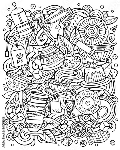 Cartoon vector doodles Tea illustration. Cafe funny picture