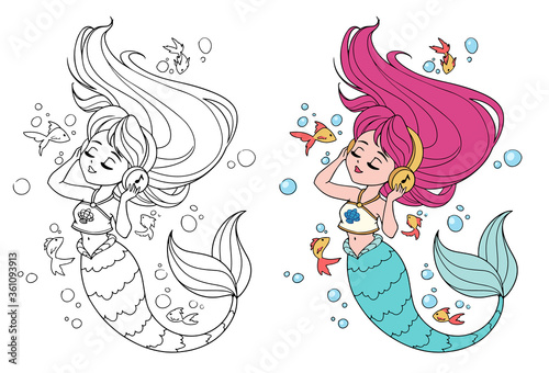 Cute little mermaid with long hair and wearing a t-shirt listen to music.