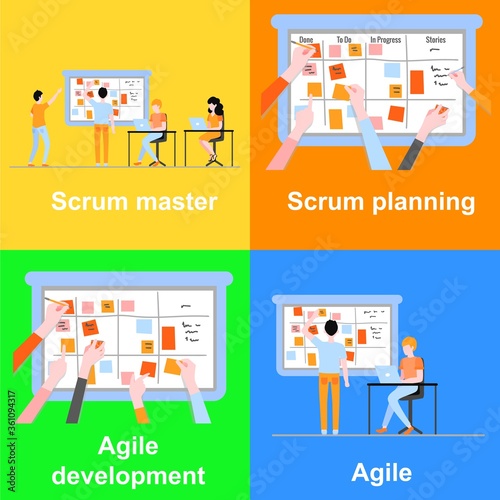 Scrum planning of teamwork on software development banners set.