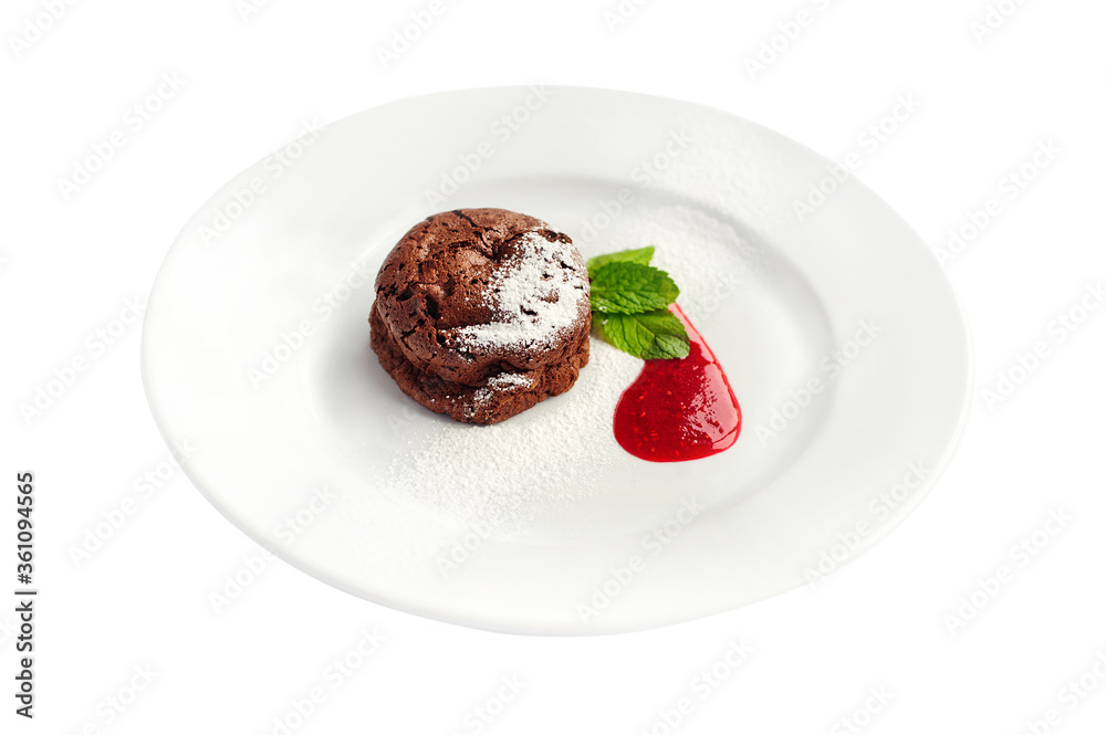 Chocolate fondant with mint and raspberry sauce Chocolate fondant with mint and raspberry sauce