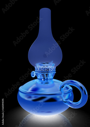 Old retro vintage golden kerosene lamp. 3d render. On a black background.