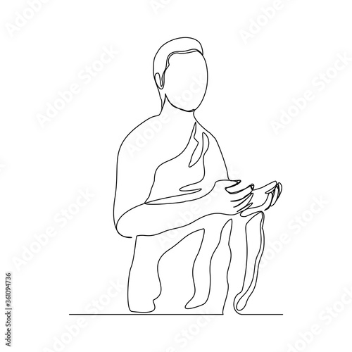 Continuous line drawing of muslim man praying in hajj ihram uniform. One line art concept of islamic. Vector illustration