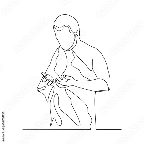 Continuous line drawing of muslim man praying in hajj ihram uniform. One line art concept of islamic. Vector illustration
