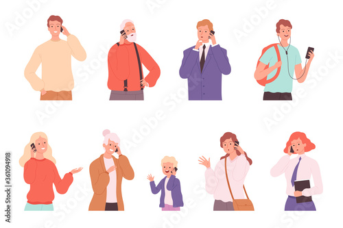 Phone dialogue. Talking people male and female conversation calling characters speaking persons vector illustration. Communication woman and man, female and male