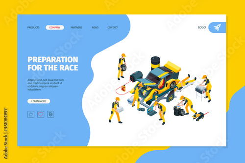 Car service landing. Mechanics working in garage repairing automobile technic service diagnostic cars vector web page template. Repair vehicle, automobile car garage, service auto illustration