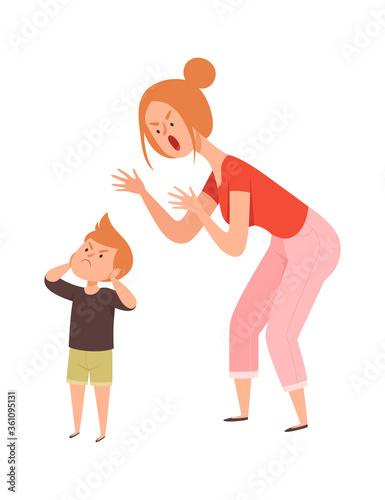 Family quarrel. Domestic abuse, woman scream on boy. Isolated sad toddler and angry mother vector illustration. Mother shouting and scream to son toddler