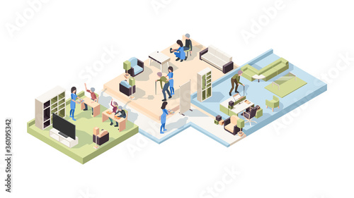 Nursing home isometric. Elderly male and female characters lifestyle healthcare professional medical senior helping vector people. Nursing retirement, medical support grandparents illustration