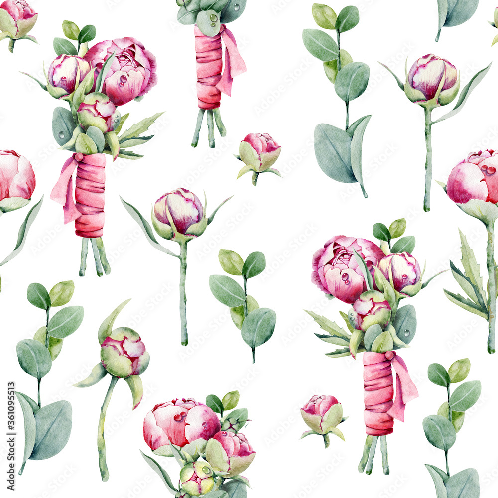 Seamless pattern with flowers peonies, roses, eucalyptus leaves, dew drops. Handmade watercolor illustration. Design for wedding background, template, invitation, fabric, wallpaper, wrapping