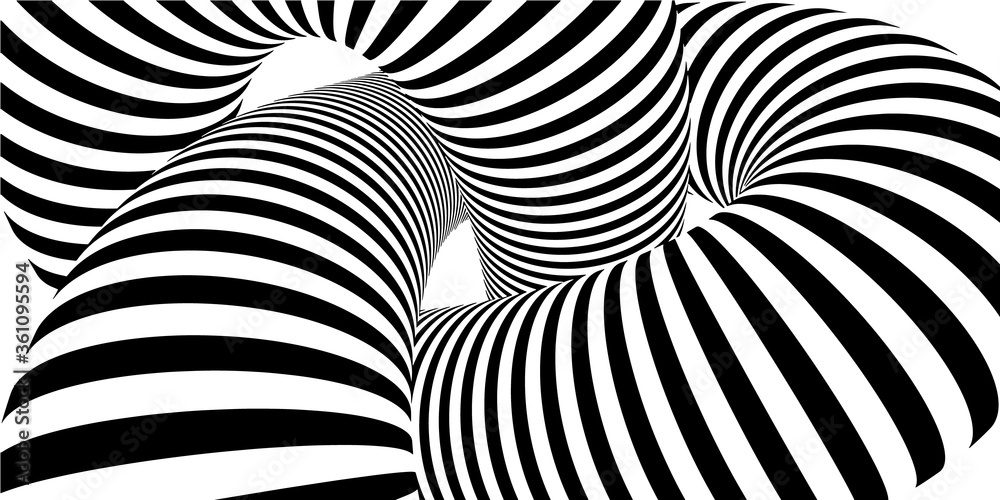 Abstract background with  lines on white. Black and white monochrome stripes banner. 3D knot torus with  lines effect. Vector Illustration.