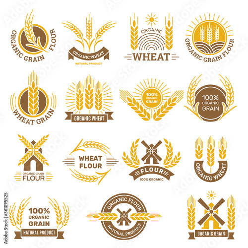 Wheat grain logo. Flour farm food for breakfast shop harvesting wheat traditional products vector badges set. Organic harvest natural, seed farming and grain illustration