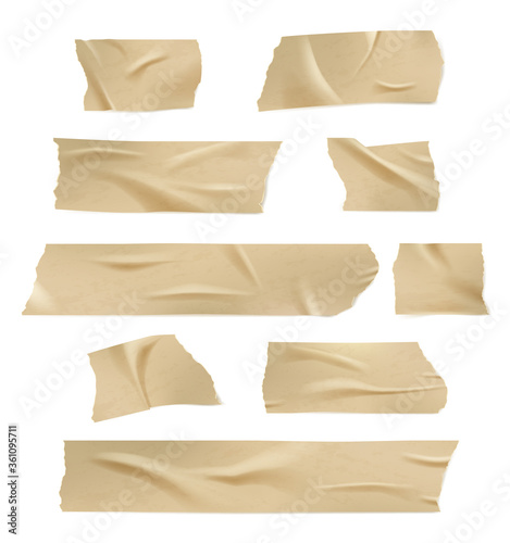 Sticky tape. Adhesive damages paper tape with torn edges creases and wrinkled vector realistic template with shadows. Scotch paper adhesive, tape sticky ripped. Vector illustration