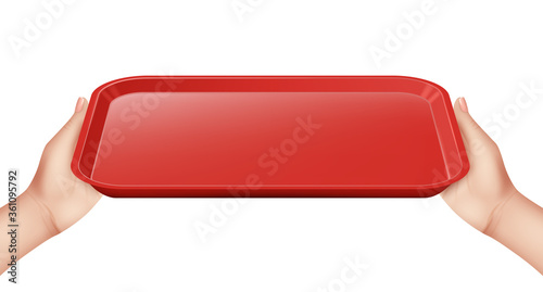 Tray in hands. Restaurant waiter holding plastic empty tray vector realistic template. Tray waiter, restaurant service, plate for dish in catering illustration