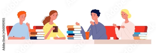 Reading club. Young people meeting cafe with books. Students prepare to exam together vector illustration. Education and read literature, knowledge learning
