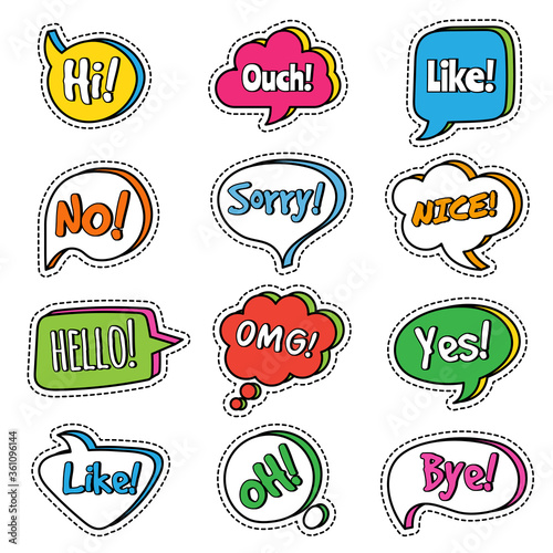 Talk phrase. Speech bubbles with words dialogue text yes, omg, vector colored comic balls. Message bubble graphic, speak shape illustration