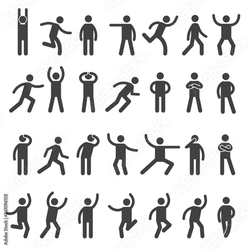 Stick characters. Posture icon action figures symbols human body silhouettes vector simple collection. Figure pose silhouette stick various, grateful action illustration