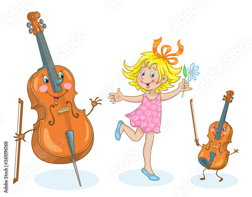 Cute little girl is dancing with funny musical instruments - a violin and cello. In cartoon style. Isolated on white background. Vector illustration.