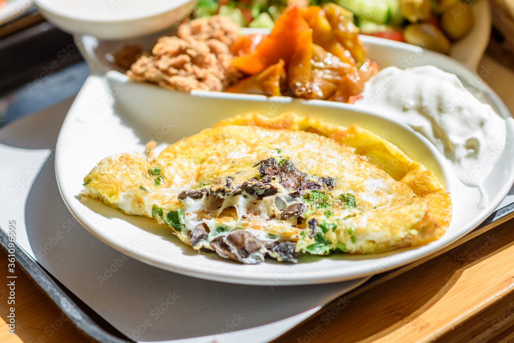 Fitness Breakfast. Herbes And Mushroom Omelette, White Cheese, Vegetables And Canned Tuna . Fitness Breakfast. Herbes And Mushroom Omelette, White Cheese, Vegetables And Canned Tuna .
