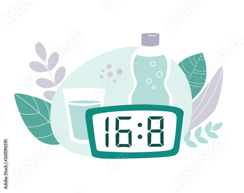 Intermittent fasting protocol 16 to 8 hours. Clock, bottle and glass of water with plants around. Vector illustration on the Time restricted eating plan. Vector flat illustration on healthy eating.