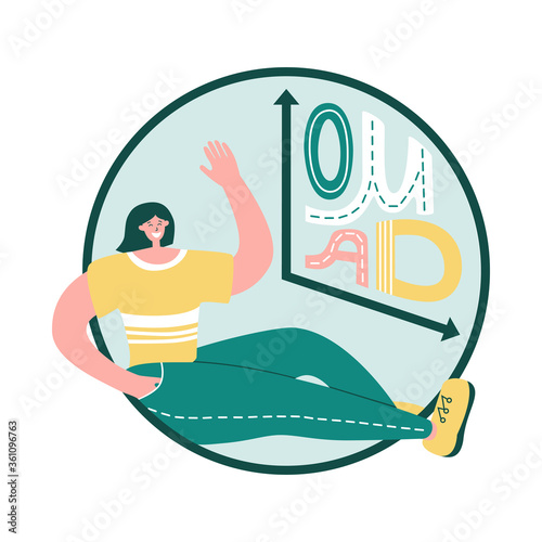 One Meal A Day - Fast. Intermittent fasting concept. Clock face with hand lettering. Happy woman sitting near the clock and smiling. Time restricted eating plan. Healthy eating lifestyle.