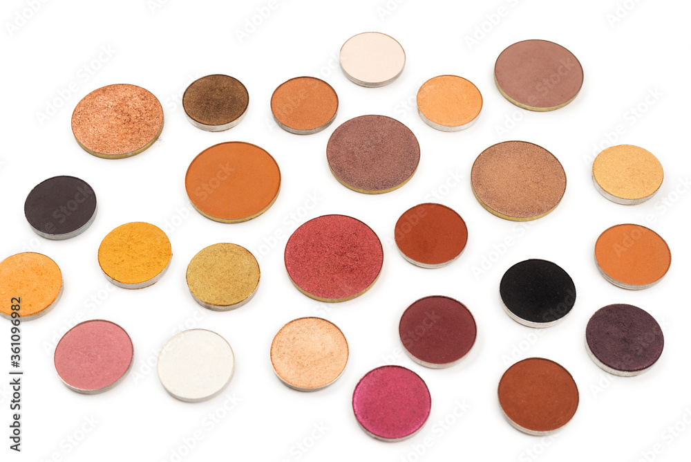 Round multicolored make up eyeshadows isolated on white. Round multicolored make up eyeshadows isolated on white.