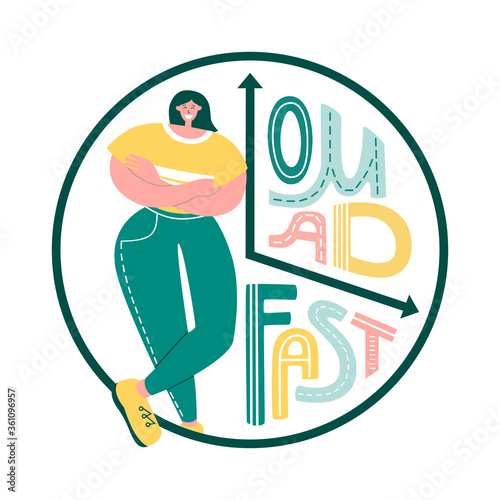 One Meal A Day - Fast. Intermittent fasting concept. Vector illustration with clock face and hand lettering. Happy woman smiling near the clock. Time restricted eating plan. Healthy eating lifestyle.