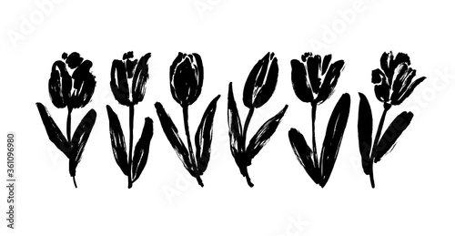 Collection of hand drawn graphic tulips. Floral clip art elements. Branches, leaves and buds. Vector set of beautiful silhouettes flowers tulips. Ink illustration isolated on white background.