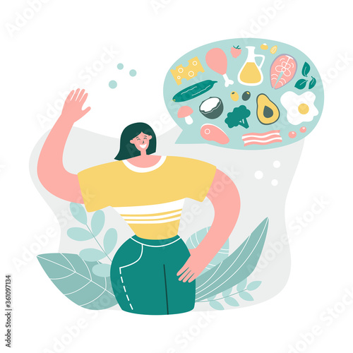 Happy woman talks about Keto diet. Girl explains what to eat on the Ketogenic diet. Young woman likes Low carb High fat eating protocol. Modern flat illustration on healthy eating.
