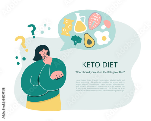 Woman thinking over Keto diet. Young girl thinking to start a Ketogenic diet. Oversized woman questioning what to eat. Low carb High fat eating protocol concept. Informational leaflet or flyer design.
