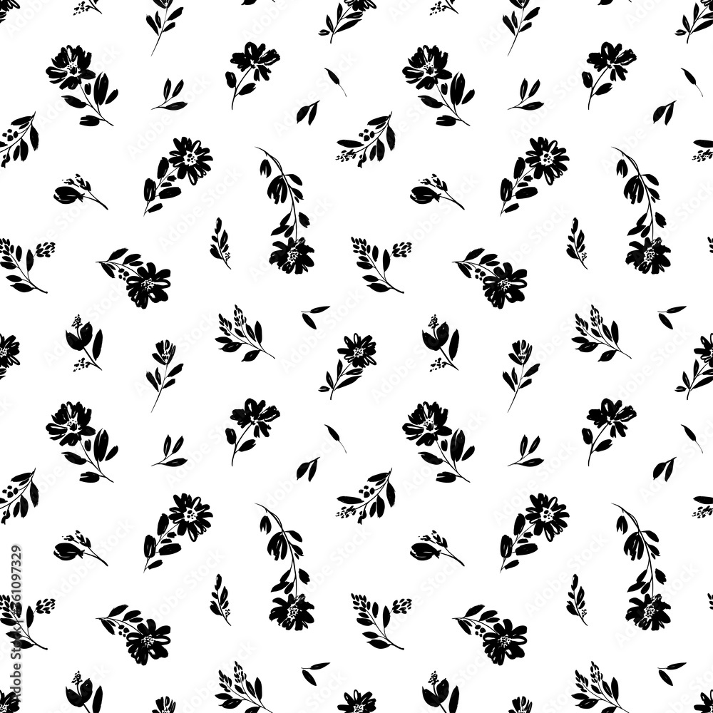 Seamless floral vector pattern with peonies, camomile or daisy. Hand drawn black paint illustration with abstract floral motif. Graphic hand drawn brush stroke botanical pattern. Leaves and blooms.