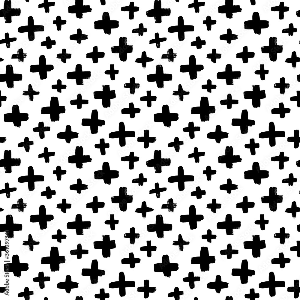Black crosses vector seamless pattern. Hand drawn cross and plus sign. Black paint brush strokes geometrical pattern for wallpaper, web page background, textile design, graphic design. Black crosses vector seamless pattern. Hand drawn cross and plus sign. Black paint brush strokes geometrical pattern for wallpaper, web page background, textile design, graphic design.