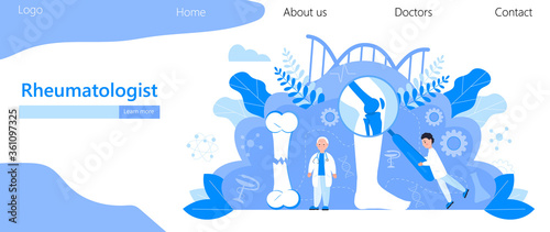 Rheumatologist vector concept. Osteoporosis world day,. Tiny doctors research osteoarthritis anatomical bones of human. Knee joint pain, fragility of lower leg are shown for landing pages.