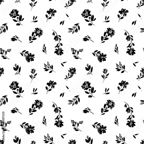 Seamless floral vector pattern with peonies, camomile or daisy. Hand drawn black paint illustration with abstract floral motif. Graphic hand drawn brush stroke botanical pattern. Leaves and blooms. © Анастасия Гевко