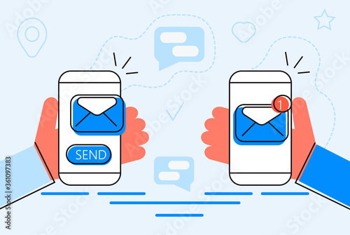 Alert message mobile notification concept. Hand is holding smartphone with email notification on screen. Send message, e-mail icon reminder vector illustrations.