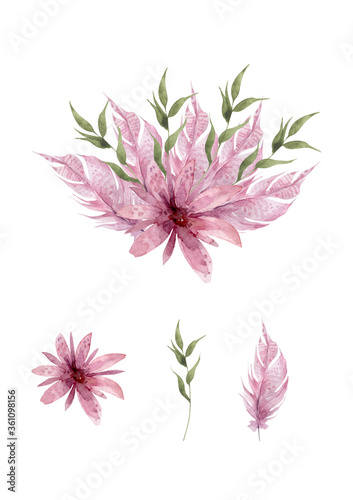 Watercolor pink feather  flower wreath on white background