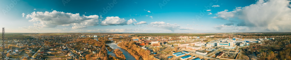 Dobrush, Gomel Region, Belarus. Aerial View Of Modern Paper Factory. Bird's-eye View Panorama