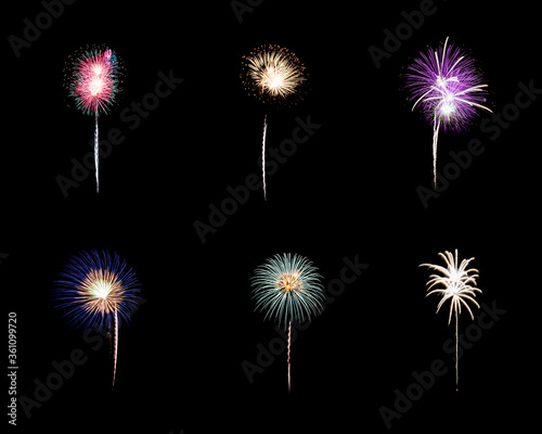 Beautiful light for celebration of Festive colorful fireworks display on night sky  isolated on black background