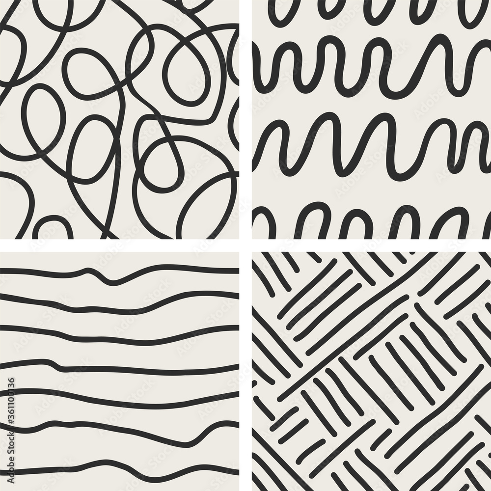 Set of 4 black and white seamless scribble hand drawn textures. Vector