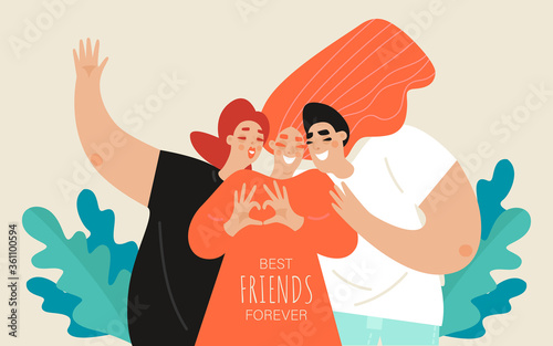 Friendship day vector banner template with two girls and a guy. Group of young people posing. Best friends forever.