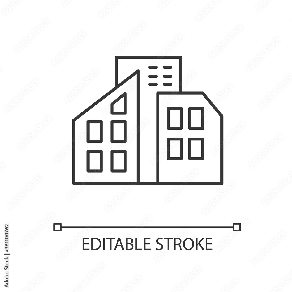 Smart city linear icon. Urban office center. City skyscrapers. Condo building. Tall houses. Thin line customizable illustration. Contour symbol. Vector isolated outline drawing. Editable stroke Smart city linear icon. Urban office center. City skyscrapers. Condo building. Tall houses. Thin line customizable illustration. Contour symbol. Vector isolated outline drawing. Editable stroke