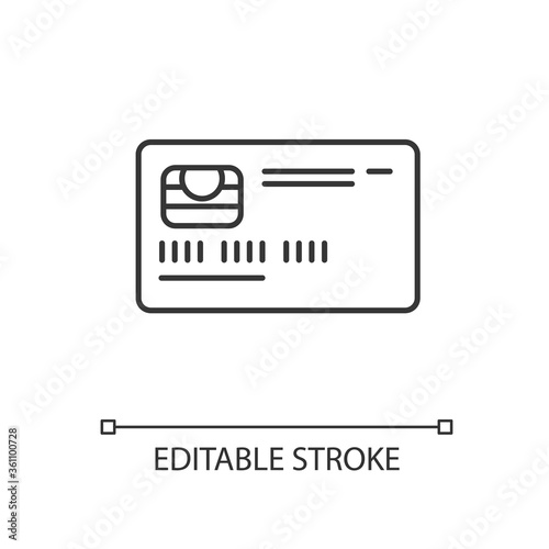 Credit card front linear icon. Online payment. Deposit card with chip. Internet shopping. Thin line customizable illustration. Contour symbol. Vector isolated outline drawing. Editable stroke