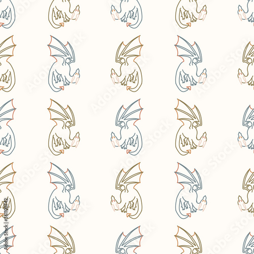 Seamless background flying dragons gender neutral baby pattern. Simple whimsical minimal earthy 2 tone color. Kids nursery wallpaper or boho cartoon animal fashion all over print.