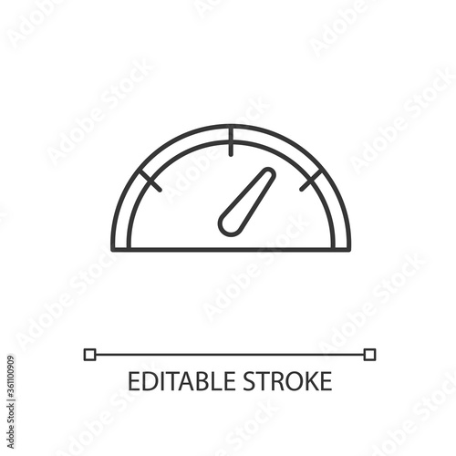 Speedometer linear icon. Gas dial. Dashboard with pointer. Check internet performance. Thin line customizable illustration. Contour symbol. Vector isolated outline drawing. Editable stroke