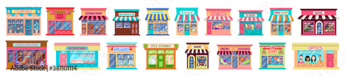 Fototapeta Naklejka Na Ścianę i Meble -  Set of illustration of exterior facade store building.Collection of the facades of the shopsgrocery, household, furniture, pharmacy isolated on a white background.Vector illustration in flat style
