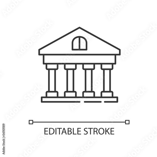 Bank linear icon. Government building. University structure. Financial account. Thin line customizable illustration. Contour symbol. Vector isolated outline drawing. Editable stroke