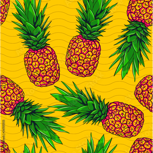 Seamless asanas pineapple pattern. Trendy food ornament. Endless summer tropical fruits pattern on yellow wavy background. 