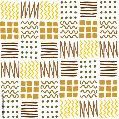 Vector seamless geometric pattern of squares, stripes, lines, dots, zigzags, hand-drawn. Ethnic color pattern For decor, textile, fabric, wrapping, carpet, wallpaper, background.