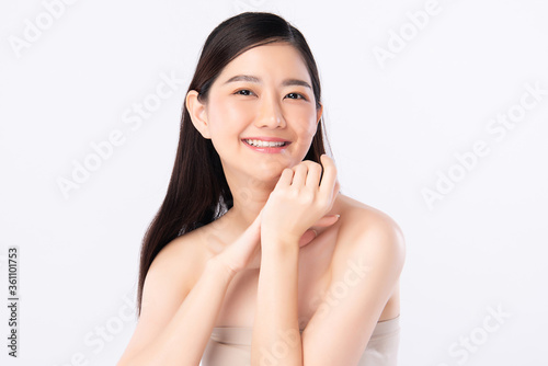 Beauty Woman face Portrait, Beautiful Young Asian Woman with Clean Fresh Healthy Skin, Facial treatment. Cosmetology, beauty and spa, isolated on white background.