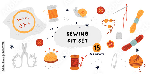 Sewing kit set: thread, bobbin, embroidery, scissors, ball of string, needles, pins, thimble, buttons, embroidery floss. Collection for hobbies, crafts, creativity. Equipment set for hand made work