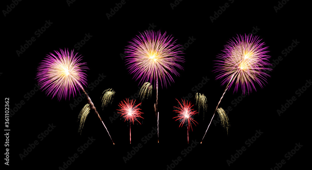 Colorful fireworks light up and explosion on black sky for celebration and anniversary.